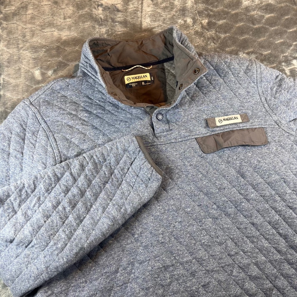 Magellan Outdoors Mens Quilted Snap Neck Pullover Sweatshirt XL Blue Classic Fit